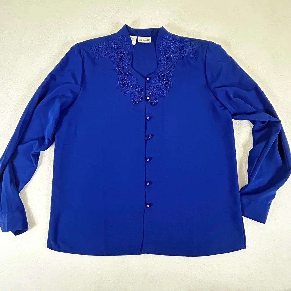 Liz Baker Womens Royal Blue Beaded Floral Lace Blouse‎ Button Front Size 8
